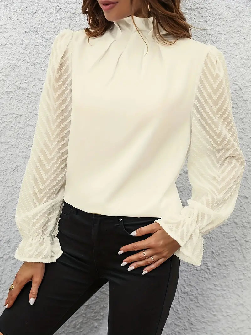 Sienna | Chic Pleated Top with Sheer Mesh Sleeves for Women