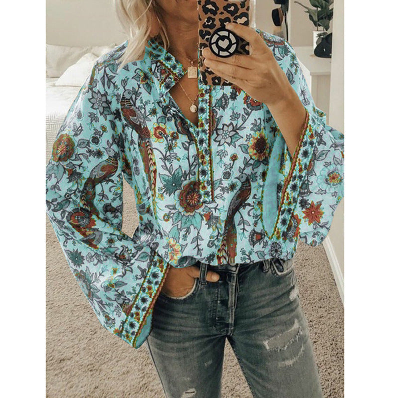 Faylin – Boho Print Flare Sleeve Blouse