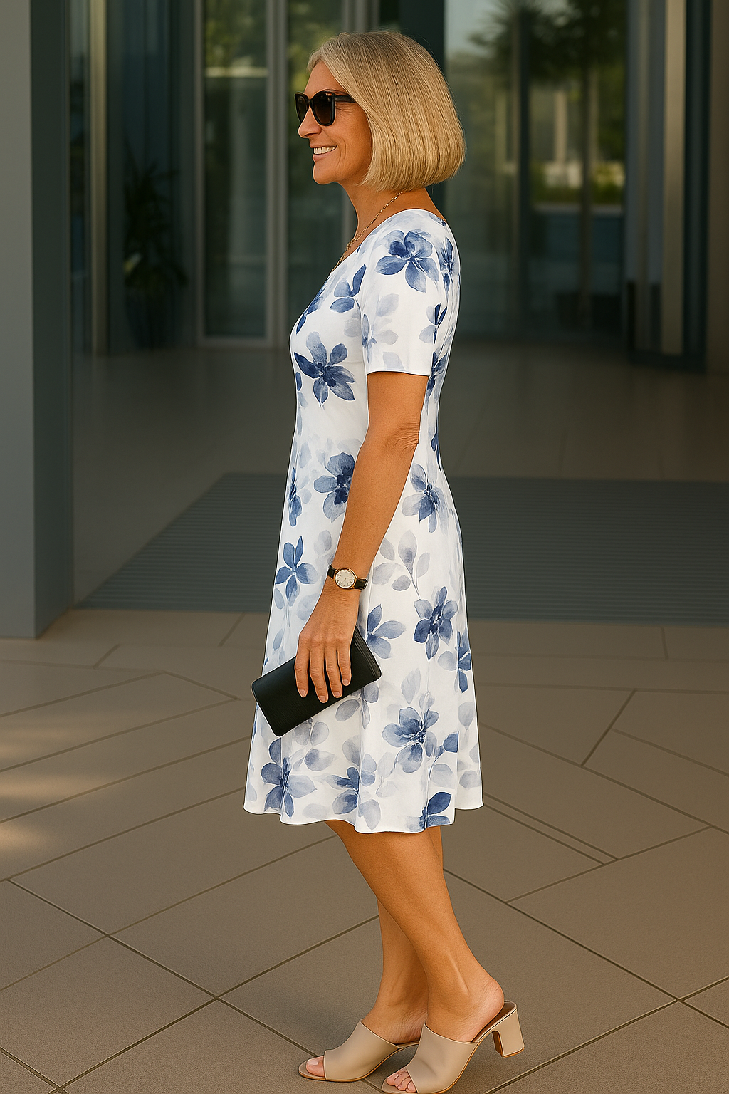 Isabella - Comfortable Midi Dress with Elegant Blue Floral Print
