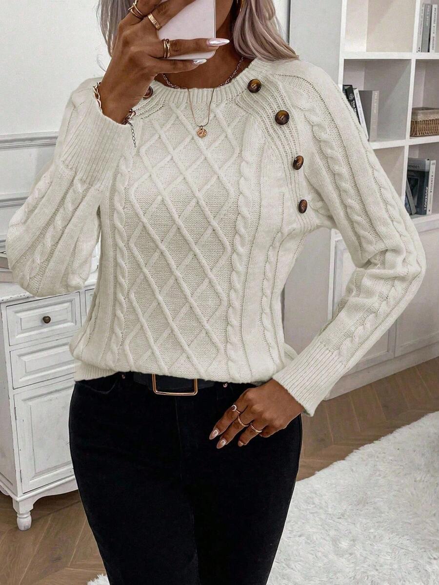 Clara – Button-Detail Cable-Knit Jumper
