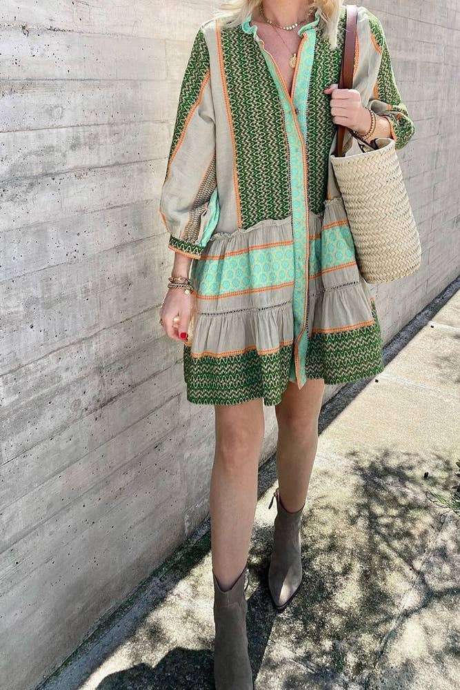 Jenelyn - Boho Printed Ruffle Dress