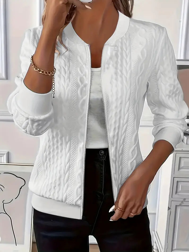 Elvarine - Cable Knit Zip-Up Bomber Jacket