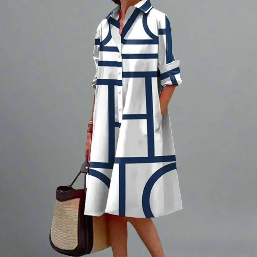 Angela | Stylish Blue Geometric Stripe Midi Dress