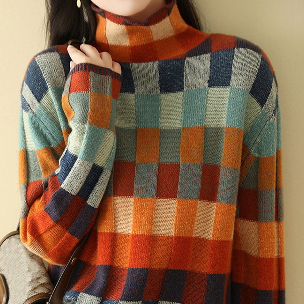 Caroline - Loose Turtleneck Plaid Knitted Jumper