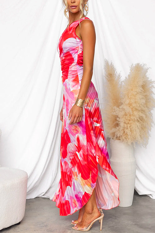 Jennivi – Ruched Abstract Print Maxi Dress
