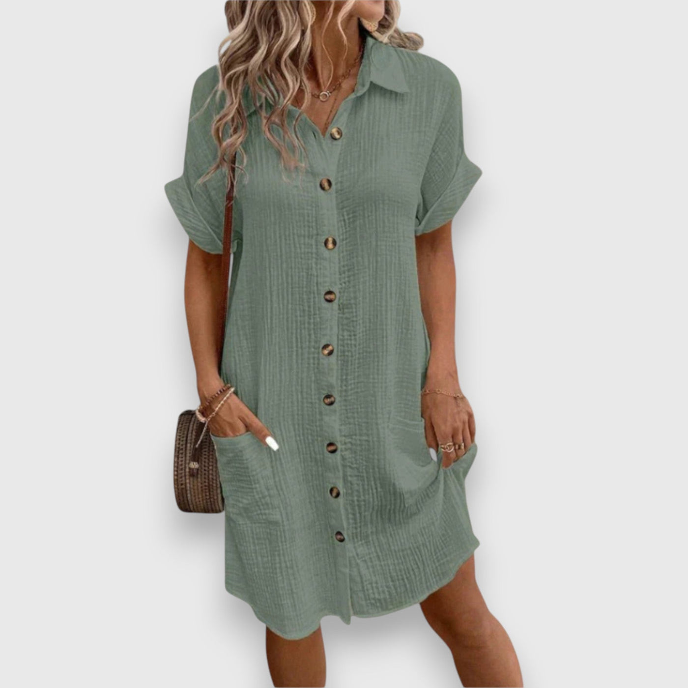 Ismere – Textured Button-Down Shirt Dress