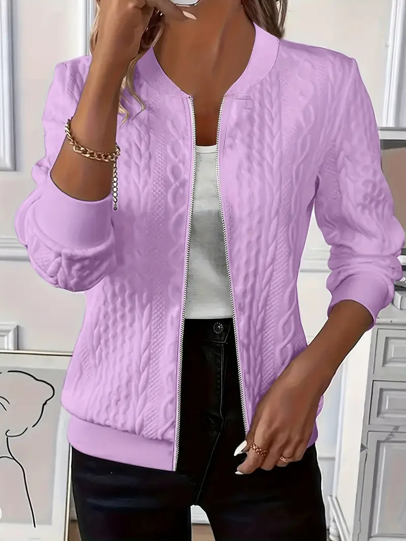 Elvarine - Cable Knit Zip-Up Bomber Jacket