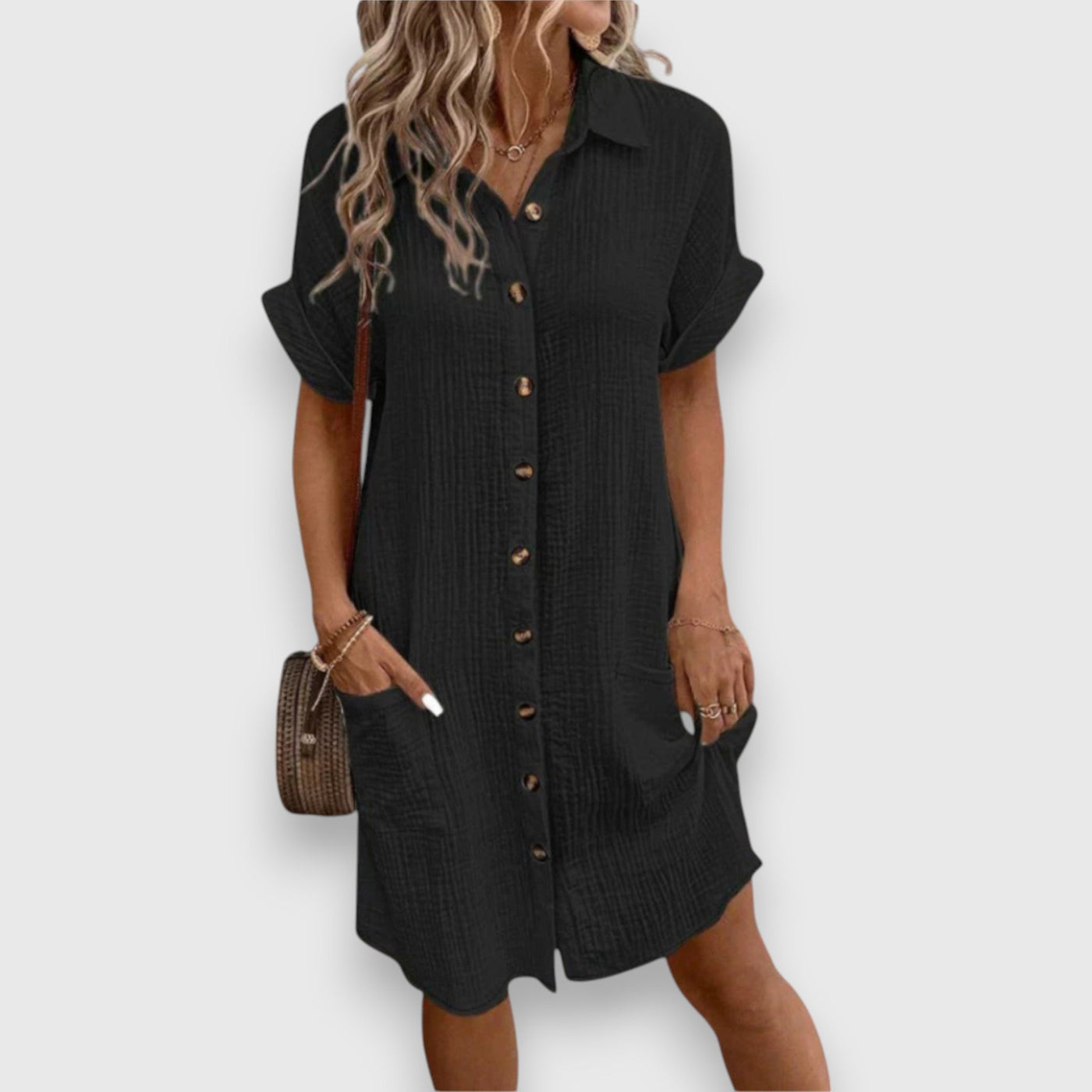 Ismere – Textured Button-Down Shirt Dress