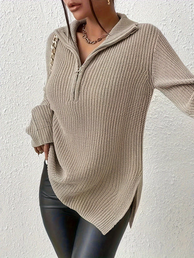 Solid Zipper Front Split Sweater, Casual Long Sleeve Pullover Sweater For Spring & Fall, Women's Clothing