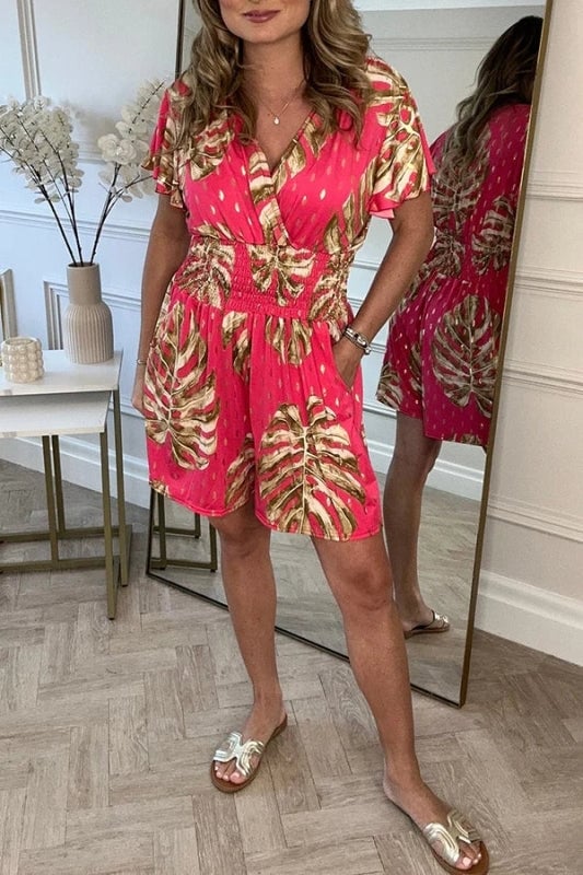 Natasha – Leaf Print Smocked Waist Playsuit