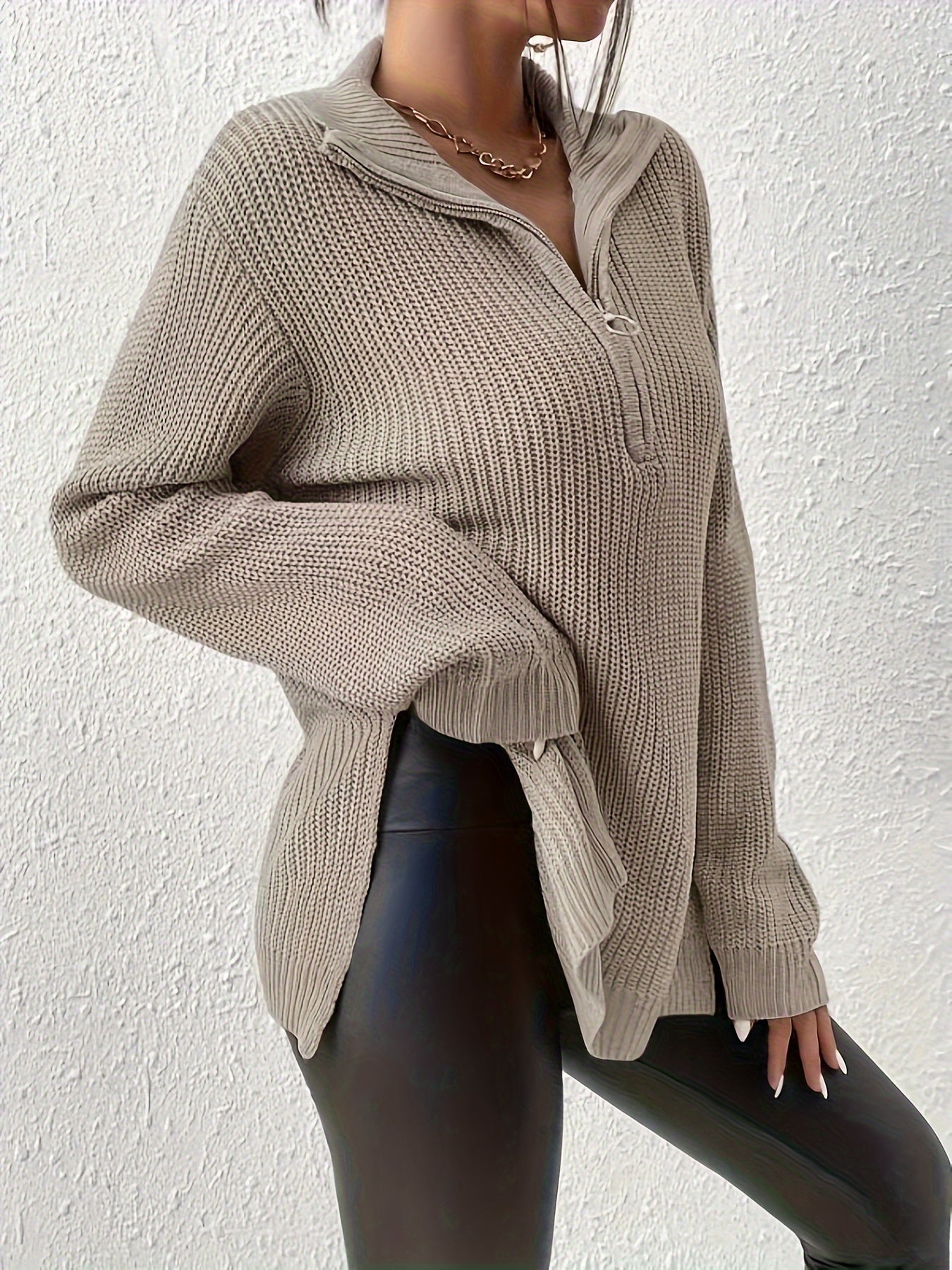 Solid Zipper Front Split Sweater, Casual Long Sleeve Pullover Sweater For Spring & Fall, Women's Clothing