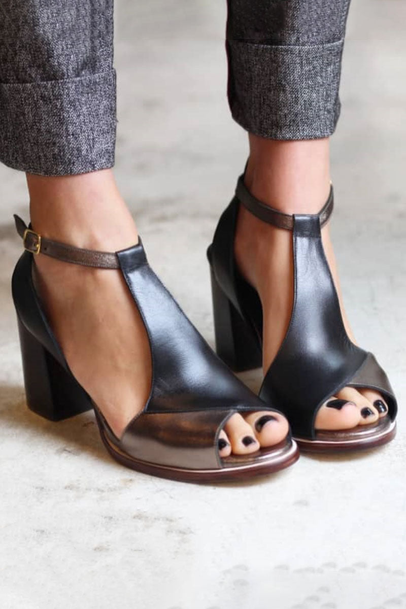 Anyao™ Elegant High Heeled Sandals with Open Toe in Black Patchwork – Perfect for Any Occasion