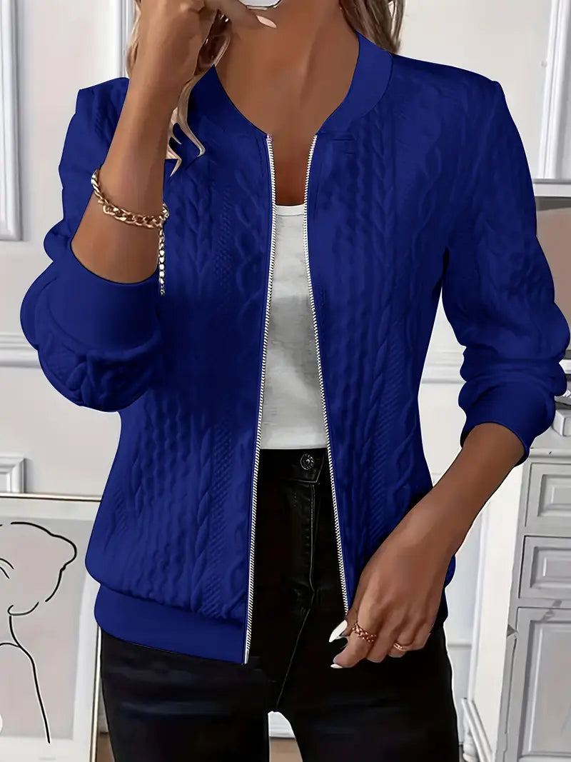 Elvarine - Cable Knit Zip-Up Bomber Jacket
