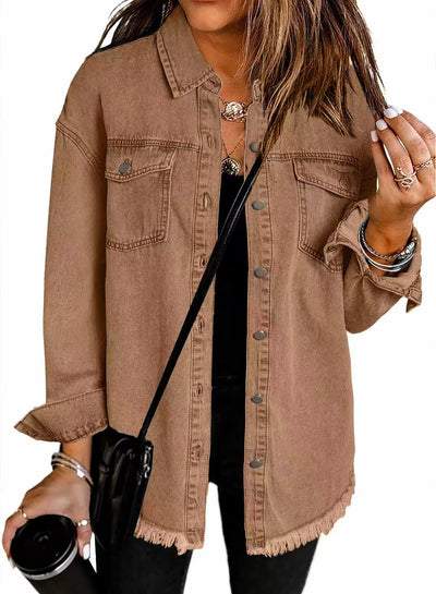 Lurena – Fringed Button-Up Denim Jacket
