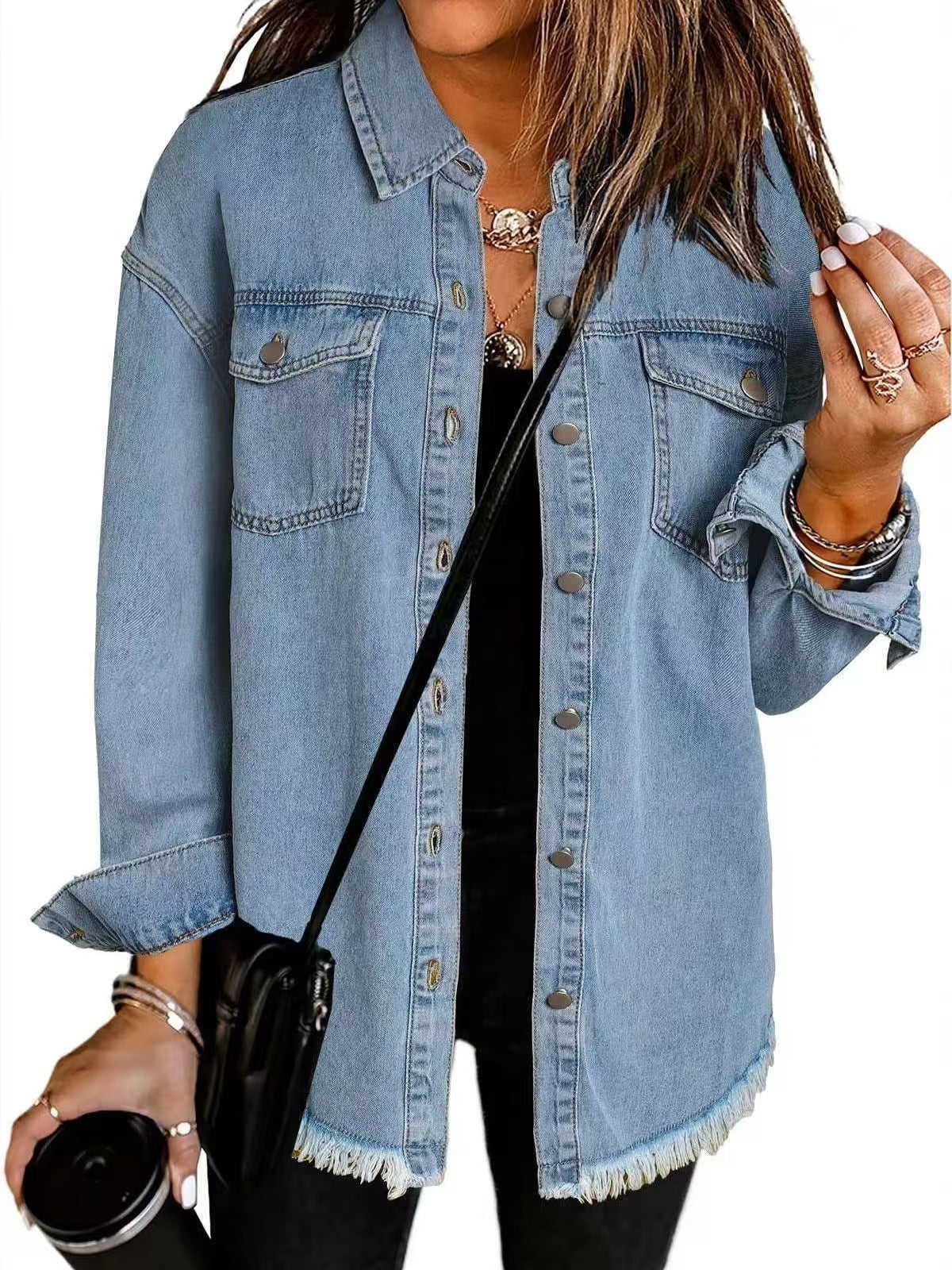 Lurena – Fringed Button-Up Denim Jacket