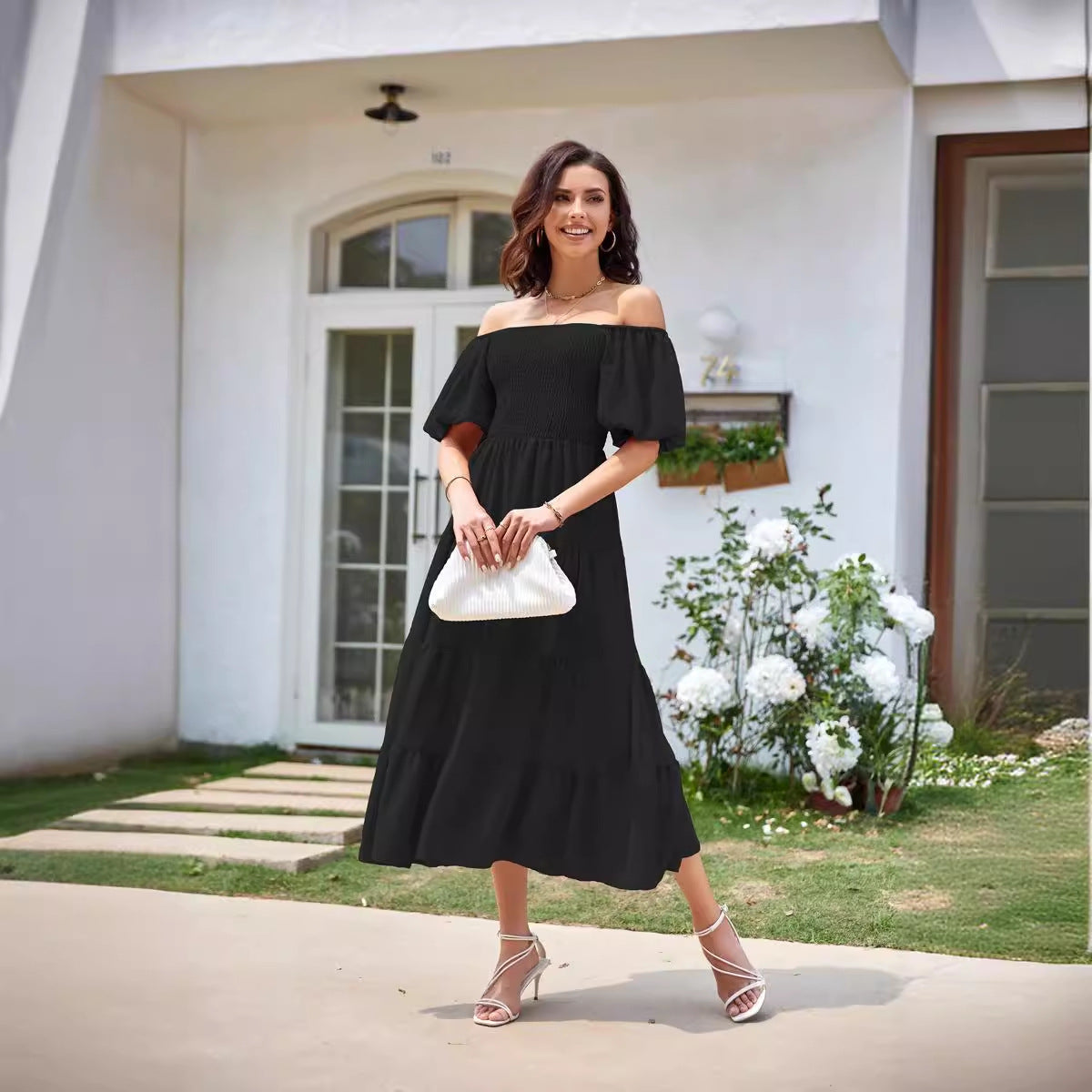 Selene – Off-Shoulder Shirred Midi Dress