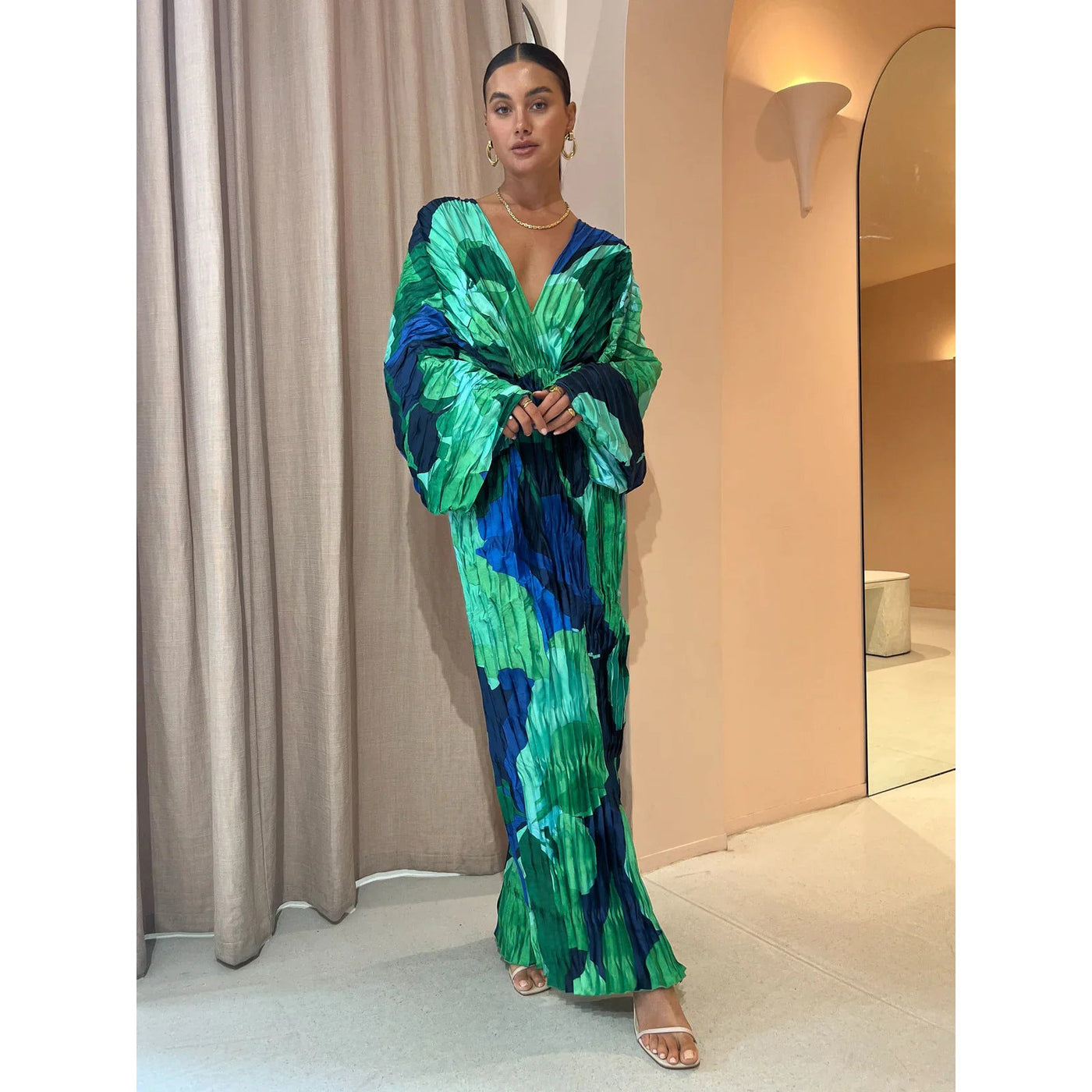 Nives – Pleated Maxi Dress with Draped Waist