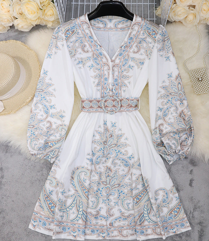 Darcelle – Printed Belted Lantern Sleeve Dress