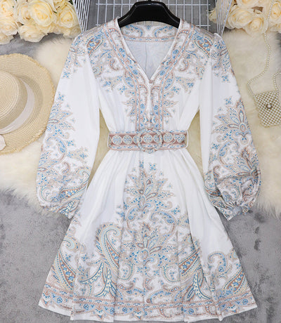 Darcelle – Printed Belted Lantern Sleeve Dress