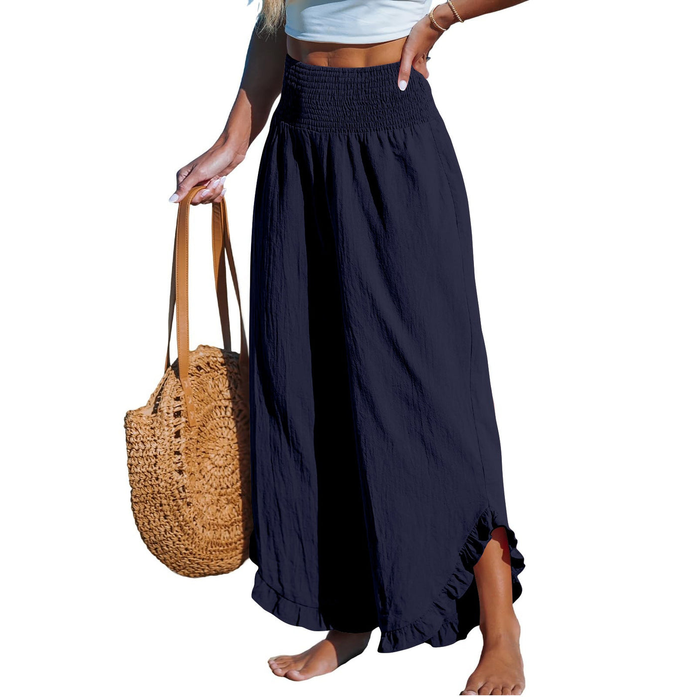 Isoldea – Smocked Ruffle Hem Trousers