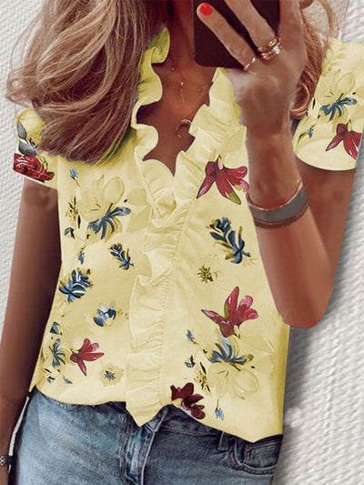 Lottie – Floral Ruffled V-Neck Short Sleeve Blouse