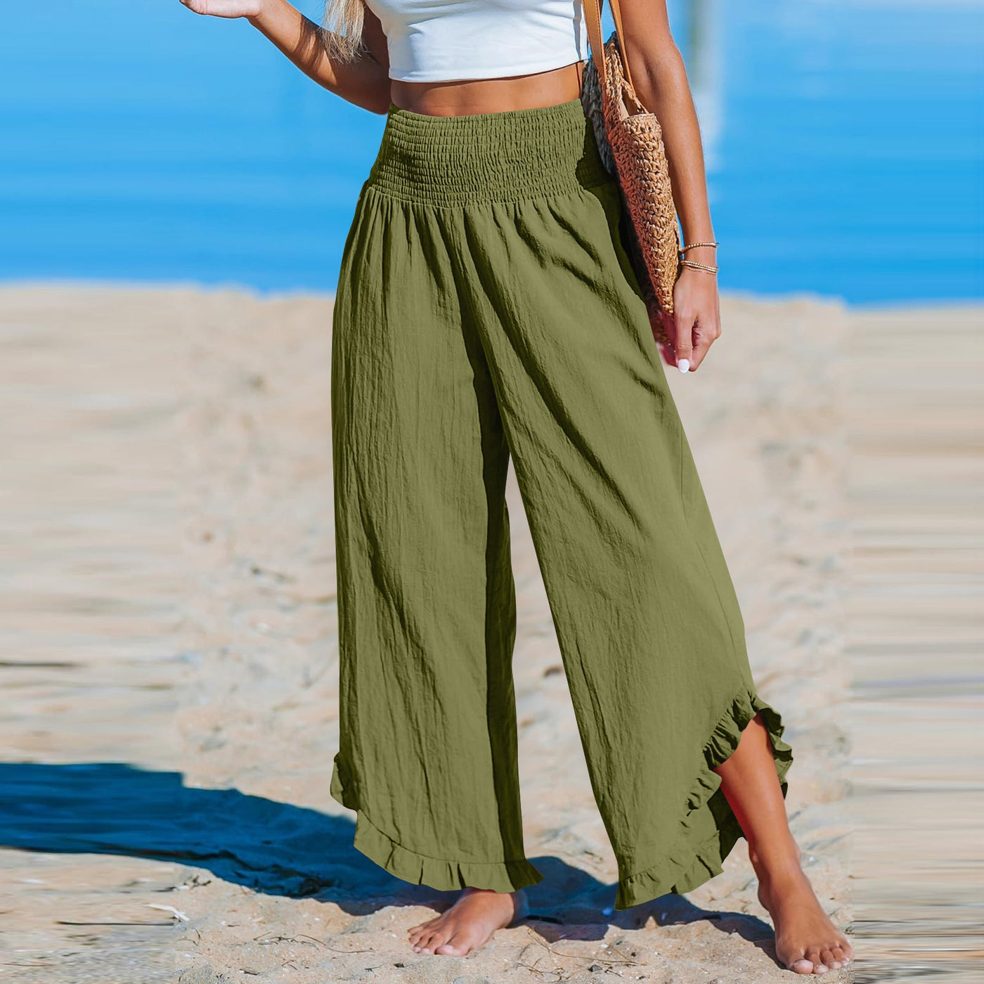 Isoldea – Smocked Ruffle Hem Trousers