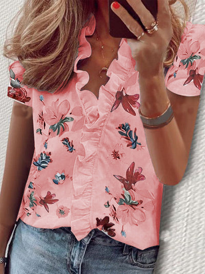 Lottie – Floral Ruffled V-Neck Short Sleeve Blouse