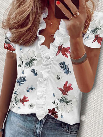 Lottie – Floral Ruffled V-Neck Short Sleeve Blouse
