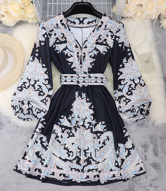Darcelle – Printed Belted Lantern Sleeve Dress