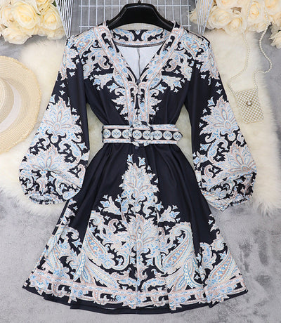 Darcelle – Printed Belted Lantern Sleeve Dress