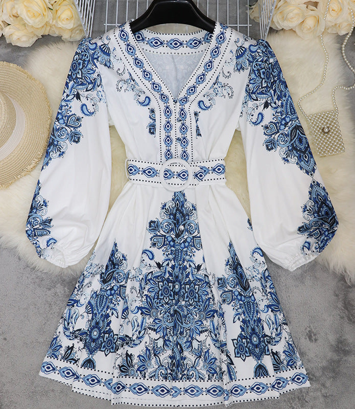 Darcelle – Printed Belted Lantern Sleeve Dress