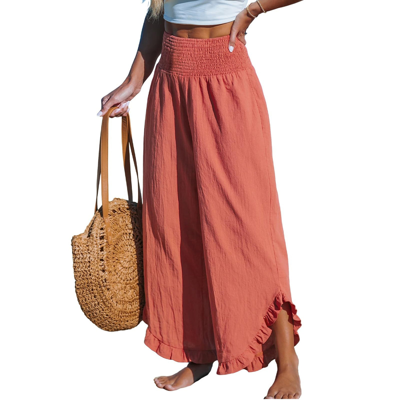 Isoldea – Smocked Ruffle Hem Trousers