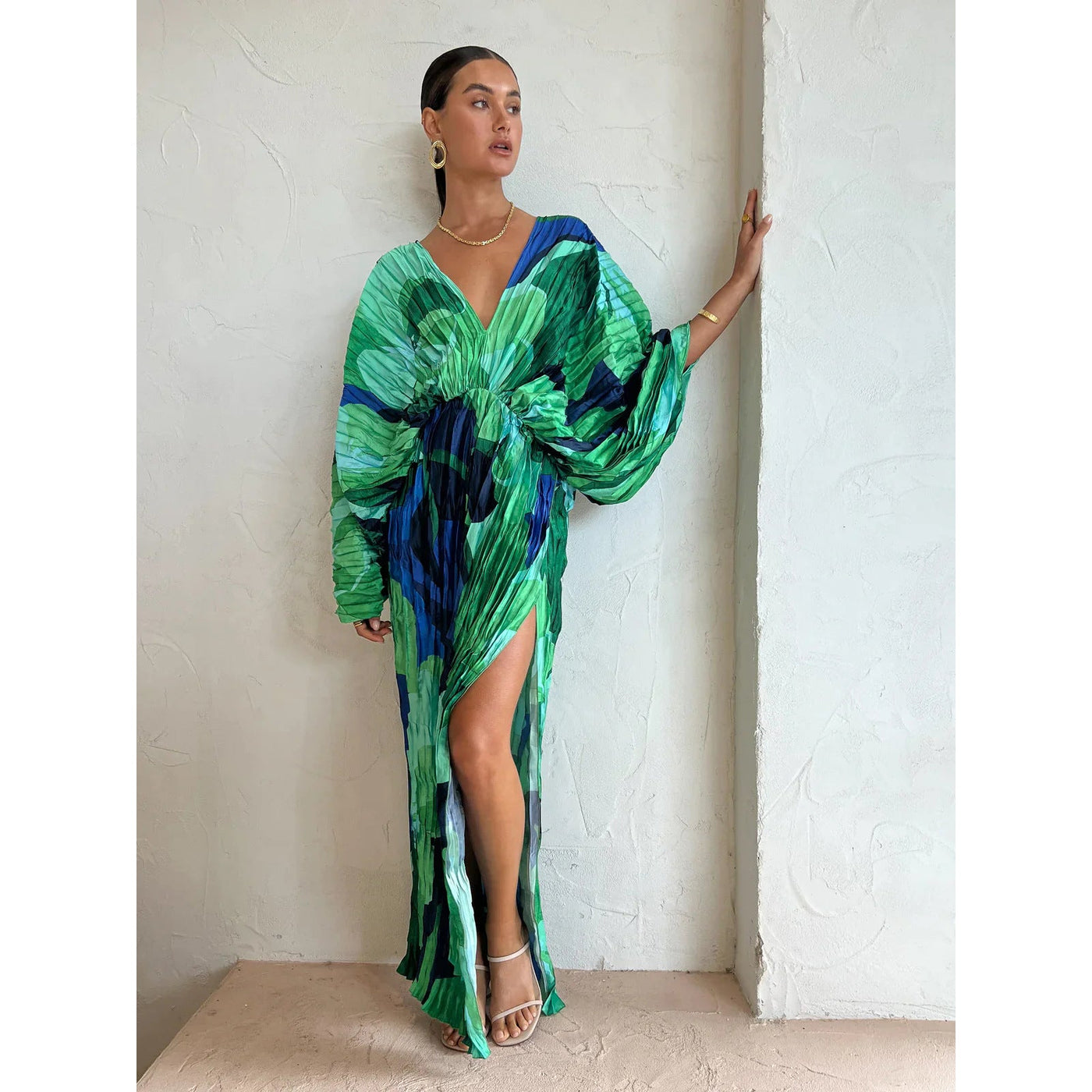 Nives – Pleated Maxi Dress with Draped Waist