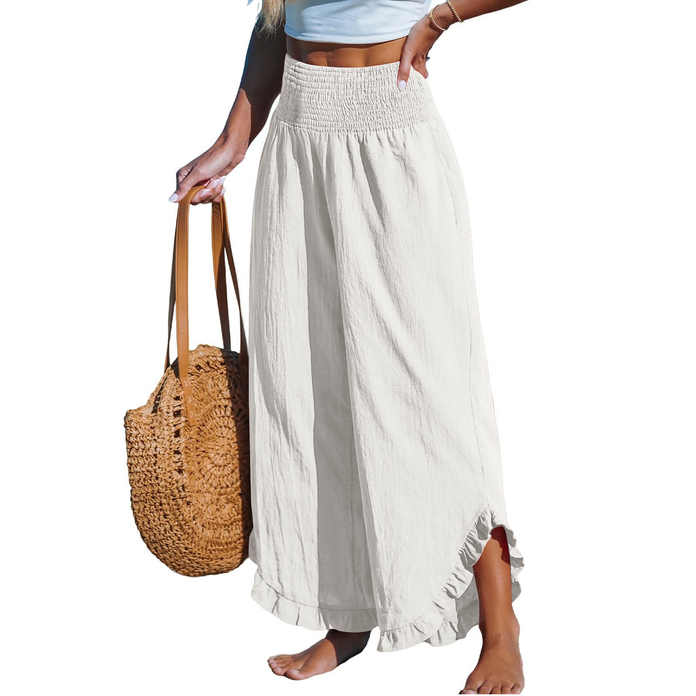 Isoldea – Smocked Ruffle Hem Trousers