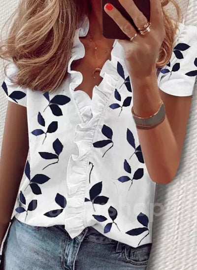 Poppy – Printed Ruffled V-Neck Short Sleeve Blouse