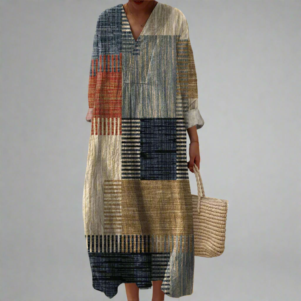 Harriet™ | Casual Maxi Dress in Earth Tones Patchwork Style