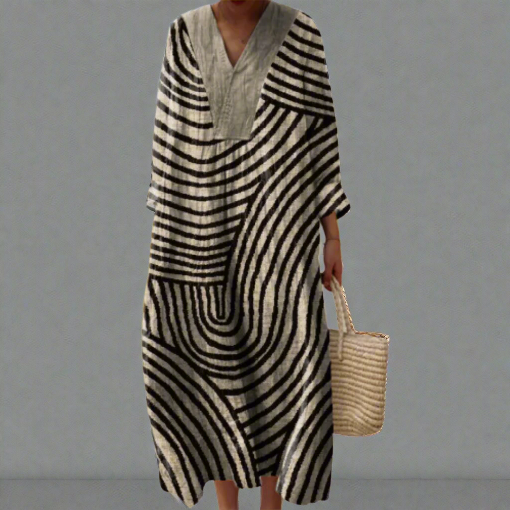Irene™ | Monochrome Flowing Dress with Labyrinth Pattern