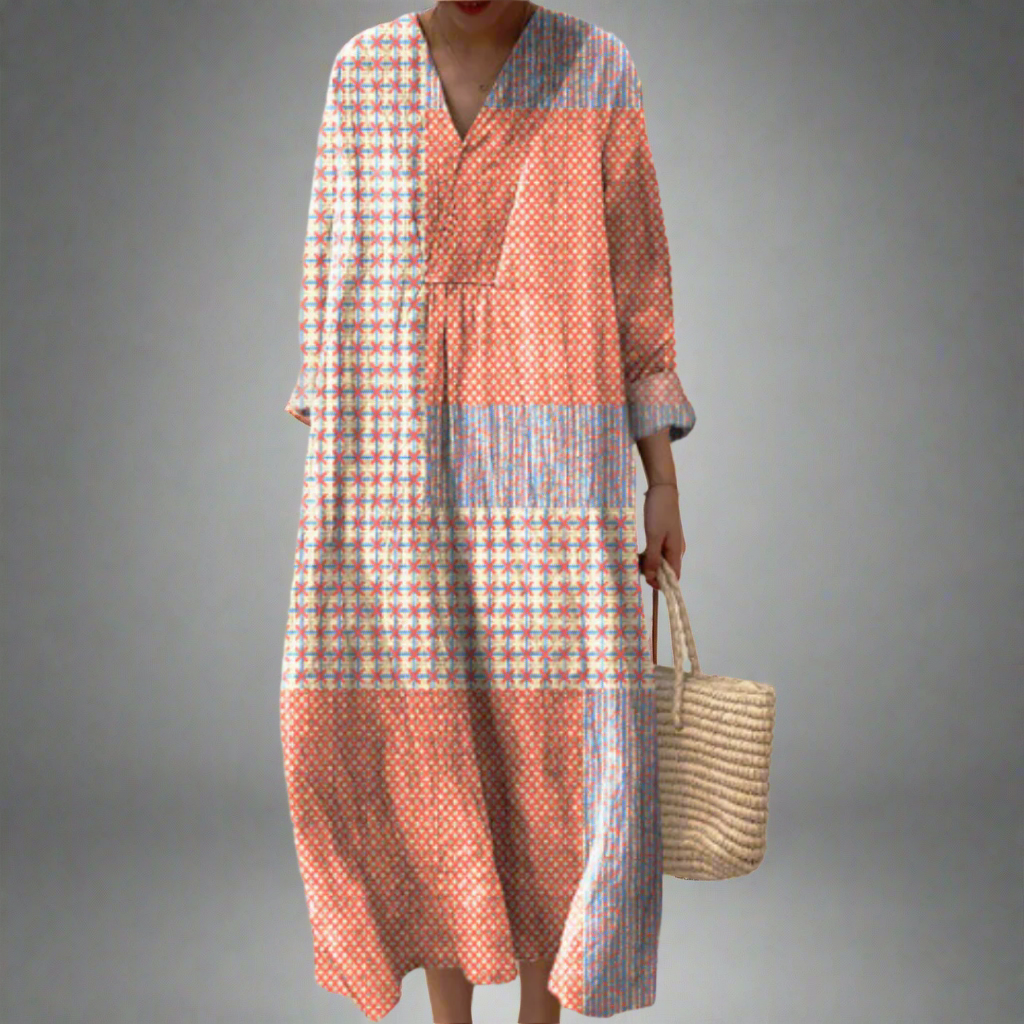 Nora™ | Patchwork Midi Dress with Coral and Star Patterns