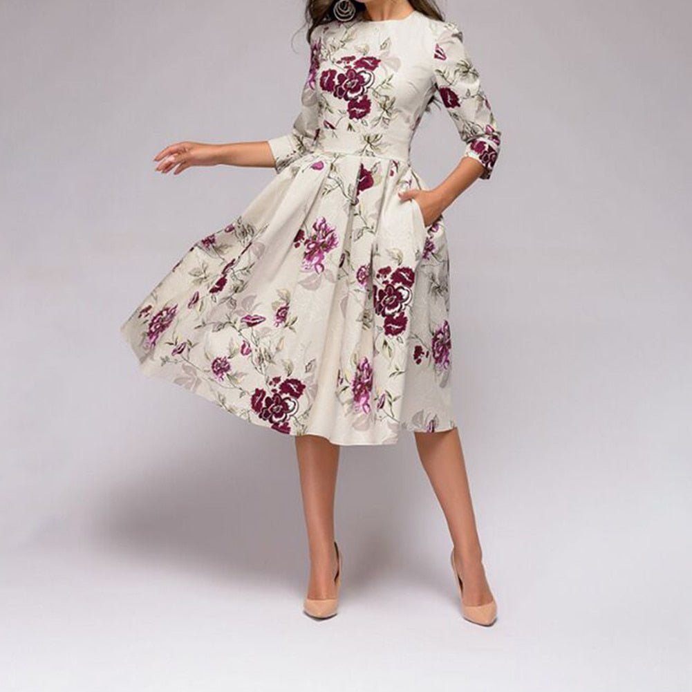 Moira – Elegant Midi Dress with Floral Design