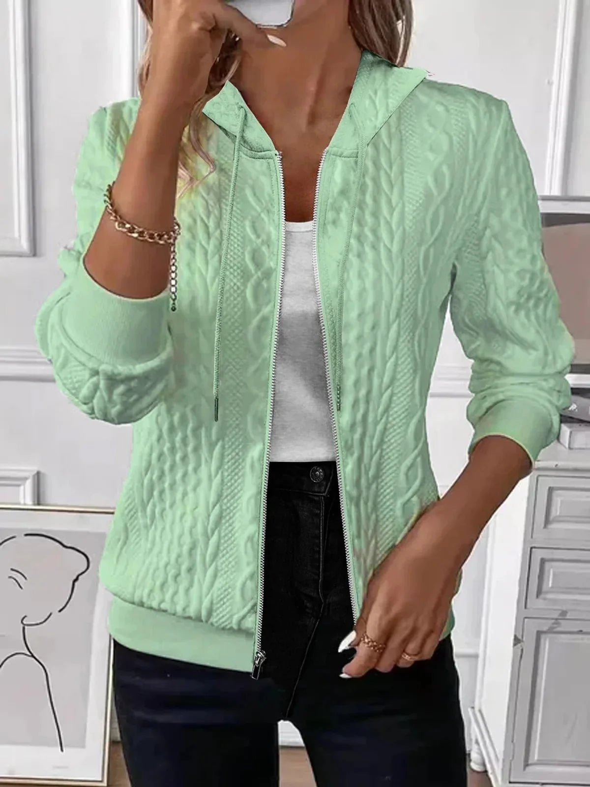 Elvarine - Cable Knit Zip-Up Bomber Jacket