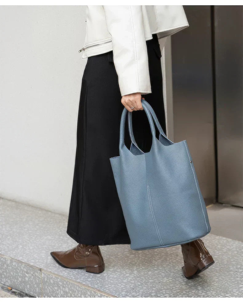 Light blue bucket bag with a luxurious leather look