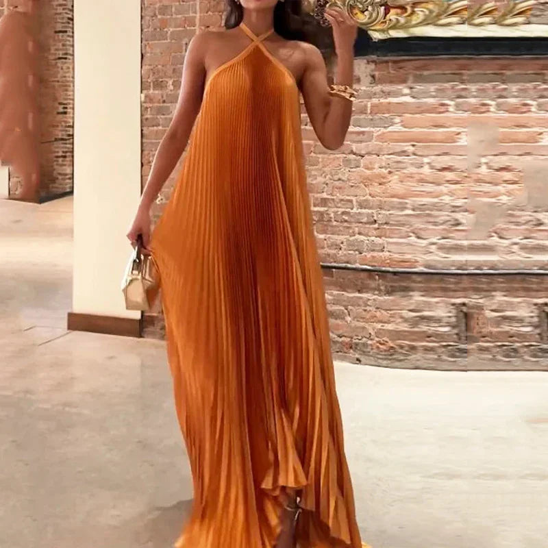 Kyla - Chic Pleated Halter Neck Maxi Dress