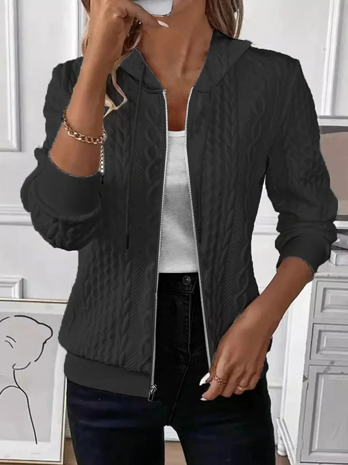 Elvarine - Cable Knit Zip-Up Bomber Jacket