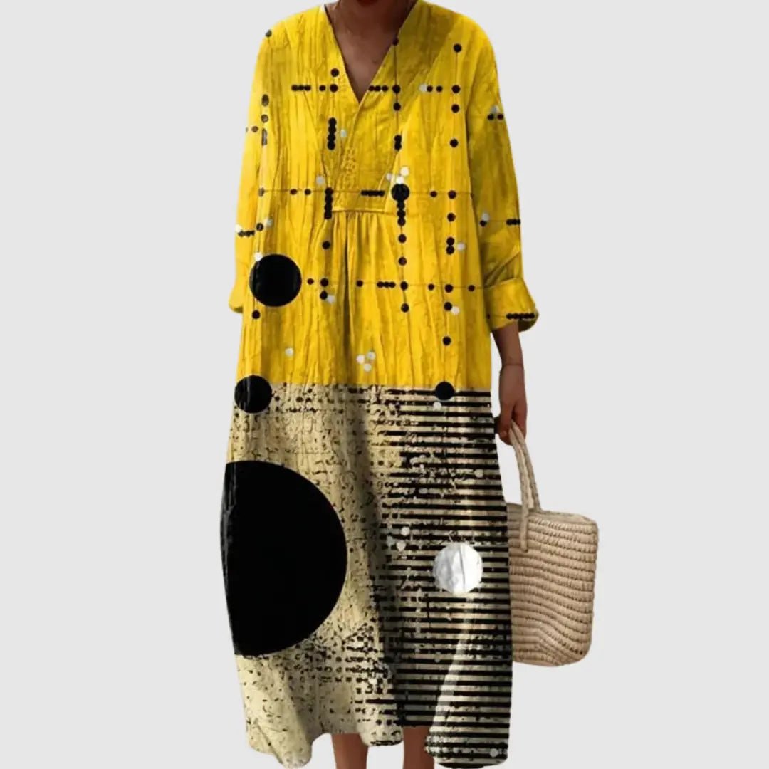 Evangeline | Modern Dot & Line Long Sleeve Midi Dress