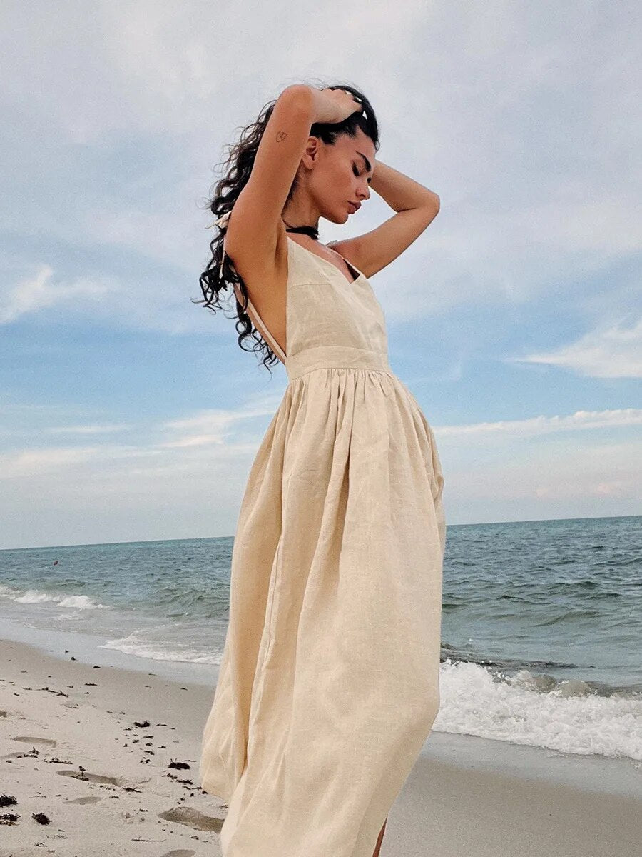 Elisca – Elegant Tie Shoulder Linen Dress