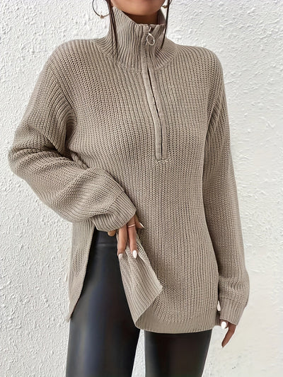 Solid Zipper Front Split Sweater, Casual Long Sleeve Pullover Sweater For Spring & Fall, Women's Clothing