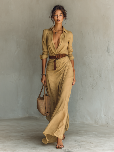 Lindsey - Long Maxi Dress with Notched Collar and Included Belt