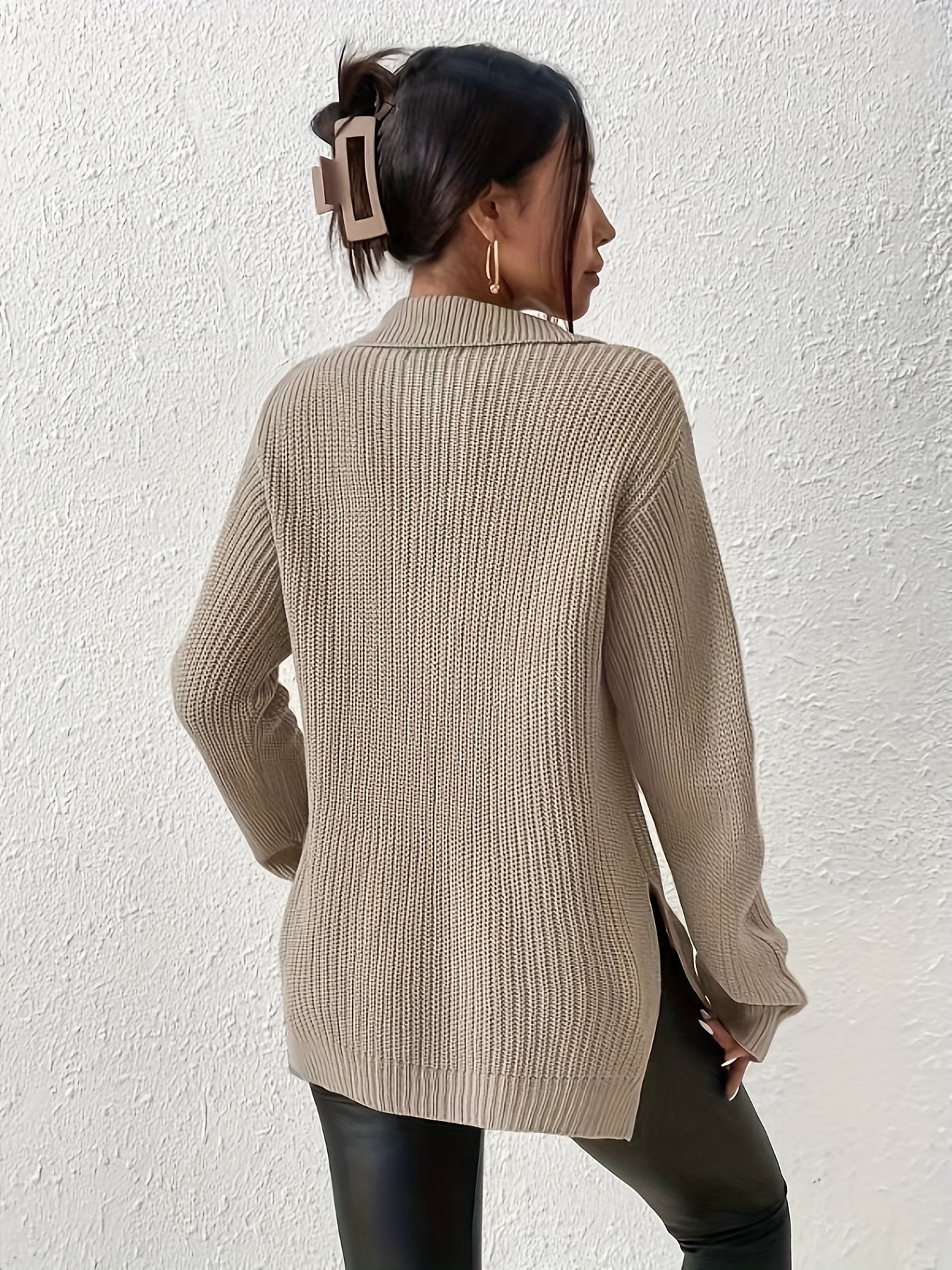 Solid Zipper Front Split Sweater, Casual Long Sleeve Pullover Sweater For Spring & Fall, Women's Clothing