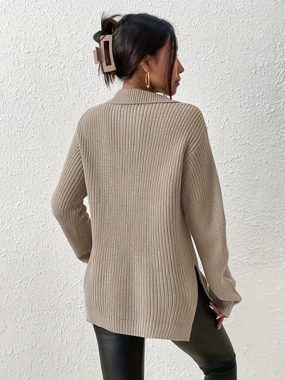 Solid Zipper Front Split Sweater, Casual Long Sleeve Pullover Sweater For Spring & Fall, Women's Clothing