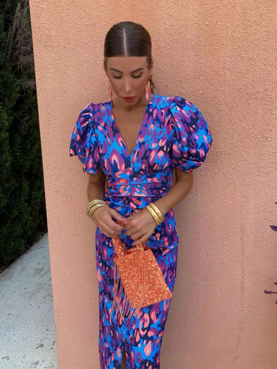 Arielle – Colourful Midi Dress with Pleated Sleeves